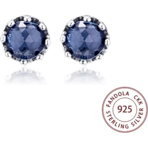 100% Real 925 Sterling Silver Blue Sparkling Crown Stud Earrings for Women Fashion Jewelry Silver S925 Ear rings Pendientes