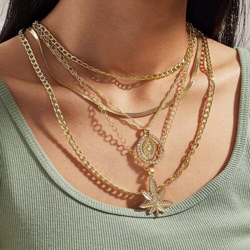 5 Pcs/Set Women Vintage Necklace Personality Angel Virgin Mary Maple Leaf Multilayer Clavicle Chain Boho Fashion Jewelry Gifts