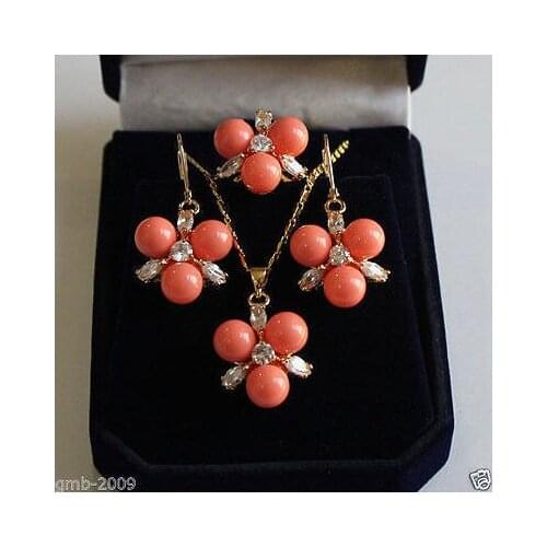 Free deliver Nobility Lucky WomenS 8mm Coral Pink South Sea Shell Pearl GP Crystal Earring Pendant Ring Set