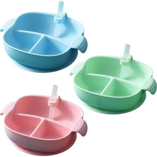 Baby Plate Divided Food Bowl with Straw Portable 3 Grid Silicone Feeding Dish F3ME