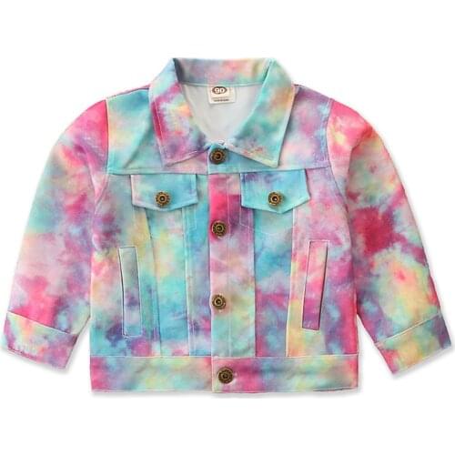 Fashion Kid Girl Denim Coat Fall Top Lapel Neck Long-Sleeve Casual Dye Printed Buttons Side Pocket Jackets