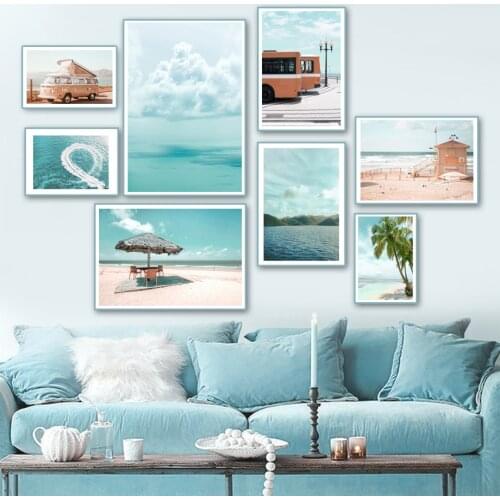 Ocean Sky Beach Palm Tree Bus Yacht Wall Art Canvas Painting Nordic Posters And Prints Wall Pictures For Living Room Home Decor