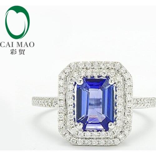 Caimao 14K White Gold Natural 6x8mm Emerald Cut Tanzanite Diamond Engagement Ring