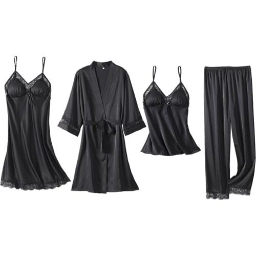 White 4PCS Robe Set Women Pajamas Kimono Bathrobe Gown Satin Pijamas Intimate Lingerie Silky Lounge Wear Pyjamas Sexy Nightwear