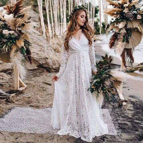 New Arrival Full Lace Boho Wedding Dresses Sexy Deep V-neck Long Sleeves Backless A Line Beach Bohemian Bridal Gowns 2021