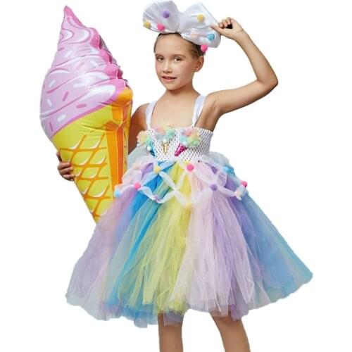 Cute Girls Ice Cream Tutu Dress with Bows Children Birthday Cake Smash Photo Food Costume Girls Dance Pageant Gown Dance Dresses