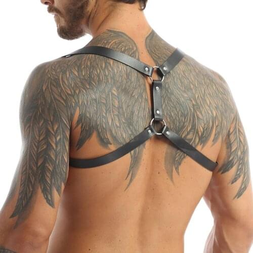 MSemis Mens Harness Lingerie Adjustable Imitation Leather Shoulder Harness Men Belt Straps Punk Costume with O-Rings Buckles