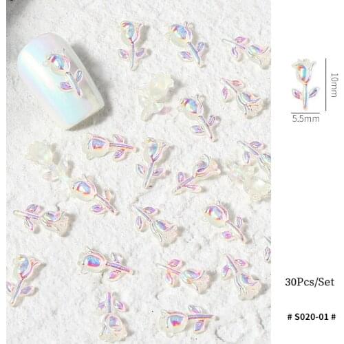 30pcs 3D Nail Art Rhinestones Set Aurora Rose Flower Color Flower Three-Dimensional Small Fresh Phototherapy Nail Decoration