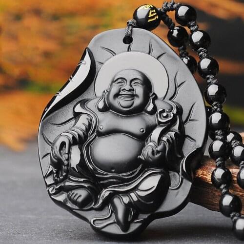 Natural Black Obsidian Maitreya Pendant Fashion Boutique Jewelry Hand Carved Big Belly Smile Buddha Necklace for Men and Women
