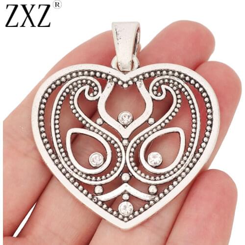 ZXZ 2pcs Tibetan Silver Large Heart & Rhinestone Charms Pendants for Necklace Jewelry Making Findings 61x50mm