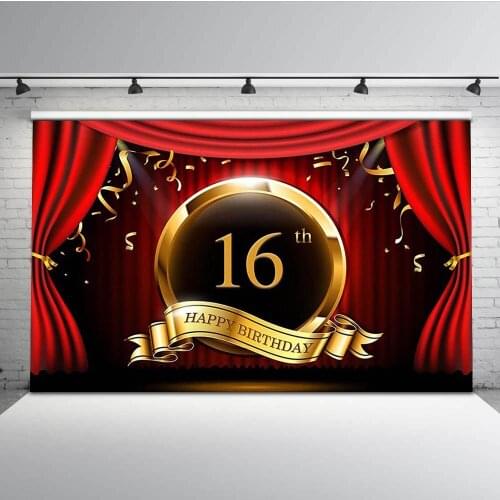Custom Golden Banners Happy Birthday Red Curtain striped backgrounds Vinyl cloth Computer print party photo backdrop