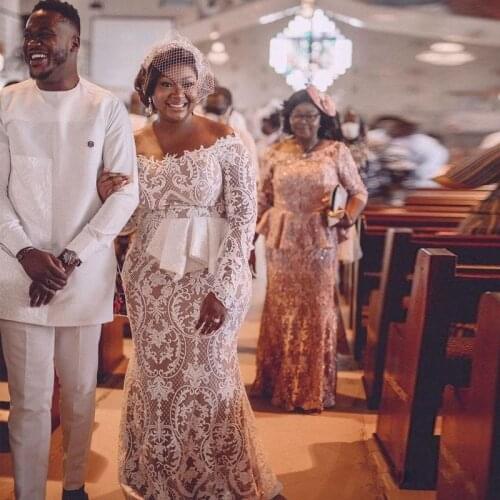 Plus Size Full Lace Mermaid Wedding Dresses Nude Lining Off Shoulder Peplum Bridal Gowns African Wedding Dress WIth Sleeves