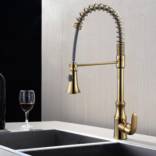 Luxury gold Single Hole Solid Brass Pull Down Spring mixer Faucet golden Kitchen Single Handle High Arc Kitchen Bar Sink Faucet