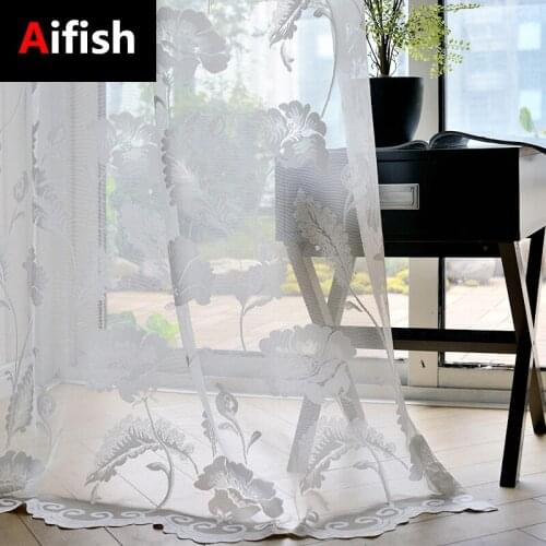 Modern Simple White Floral Pattern Jacquard Window Screen Living Room Bedroom Decoration Flocking Tulle Custom Curtain Cortina 4