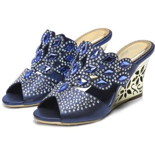 Wedge High Heel Slippers Large Size Horse Shoes Heel Rhinestones Hollow Women Slippers 8cm High Heel Peep-toe Slippers