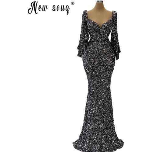 African Sequins Evening Gowns Beaded Mermaid Arabic Prom Dresses Robe De Soiree Long Sleeve Formal Party Night Dress Plus Size