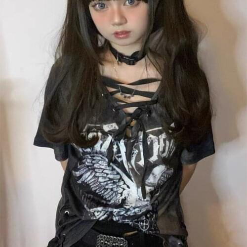 Y2k Short Sleeve Cyber Gothic Harajuku Loose Black T Shirt Halloween Costume Punk Tops 90s Clothing Printed Goth Retro Hip Hop