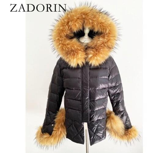 ZADORIN 2020 Trend White Duck Down Jacket Women Winter Warm Big FAUX Raccoon Fur Hood Womens Down Jackets Black Fabric Down Coat