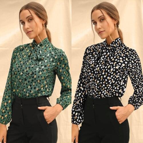 2021 Women Autumn Winter Single Breasted Black T Shirts Long Sleeve Stand Collar Bow Lace Up Print Chiffon Blouse Casual Tops