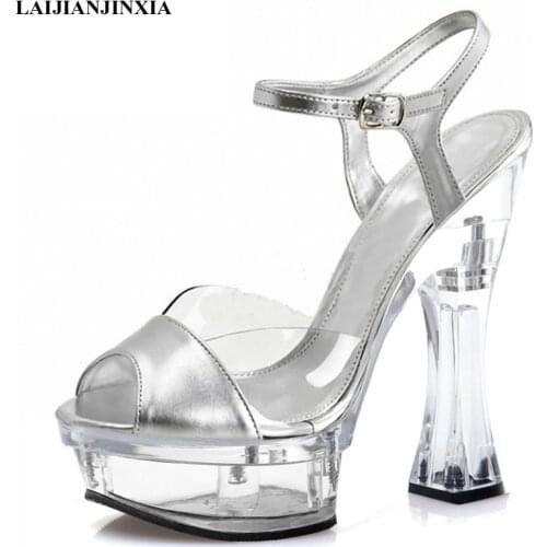 New Summer Trend Silver Crystal Sandals 14 Cm Stiletto Heels Elegant Concise Thick platform Big Size Womens shoes Nightclub