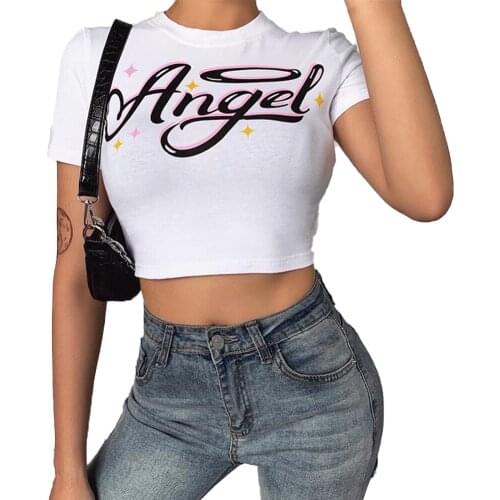 Women Angel Letter Printed Tees Summer Short Sleeve T-Shirts Fashion Slim Crop Top Casual Outdoor Dance Knot Short Tops 2021 New