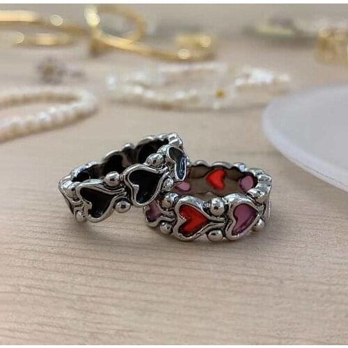 New Individuality Baroque Vintage Hit Colour And Black Love Heart Metal Chain Rings for Women Girls Party Jewelry