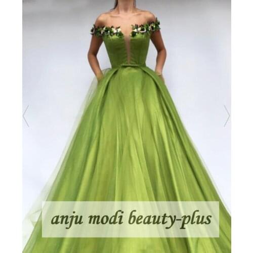 2020 Lime Long Off Shoulder Prom Dresses 3D Flowers Sleeveless Formal Evening Party Ball Gown Robe De Soiree
