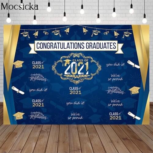 2021 Congratulations Graduates Party Background Photography Blue Bachelor Cap Decor Banner Graduation Backdrop For Photo Studio
