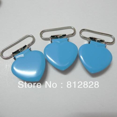 25pcs 1'' 25mm Wide Blue Color Enamel Heart Shape Pacifier Clips/Suspender Clips
