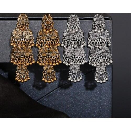 Boho Afghan Ethnic Round Alloy Bollywood Earrings Womens Gyspy Silver Color Bell Ladies Indian Earring Gypsy Jewelry