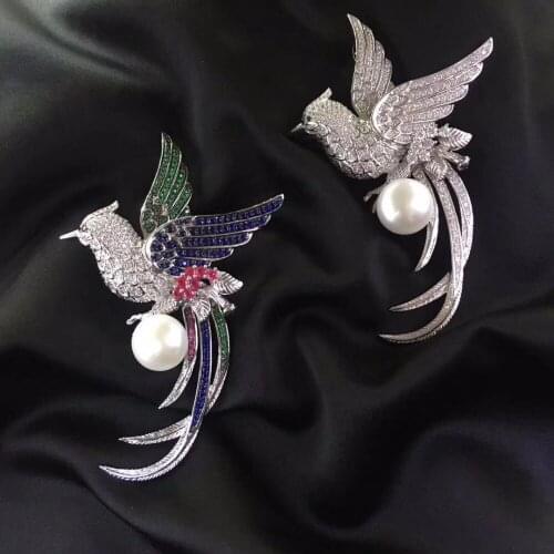 About 12MM natural fresh water pearl brooch pins 925 sterling silver with cubic zircon phoenix brooch pendant double use