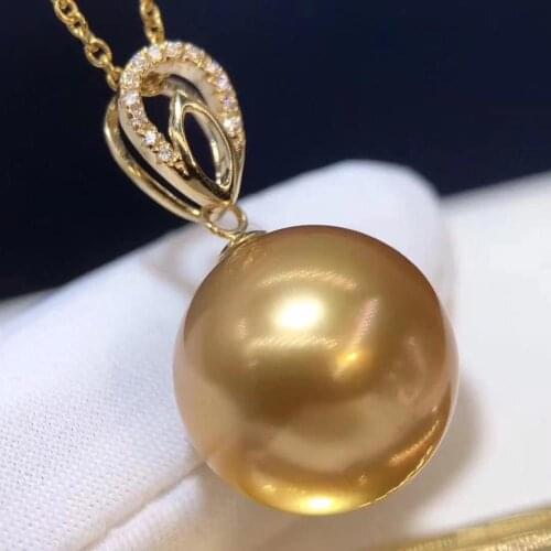D908 Pearl Pendant Fine Jewelry 18K Solid Gold Round 13-14mm Nature Sea Water Golden Pearls Pendants Necklaces for Women Gifts