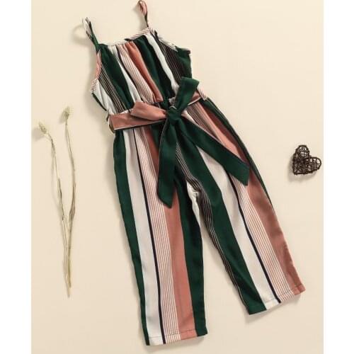 Girl’s Casual Bandaged Suspender Jumpsuit Summer Fashion Sleevelss Striped Printing Long Pants Kids Overalls
