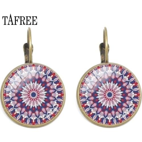 TAFREE Beautiful colorful Mandala Flower Glass Cabochon Earrings Vintage Earrings Womens Jewelry Antique Bronze HN522