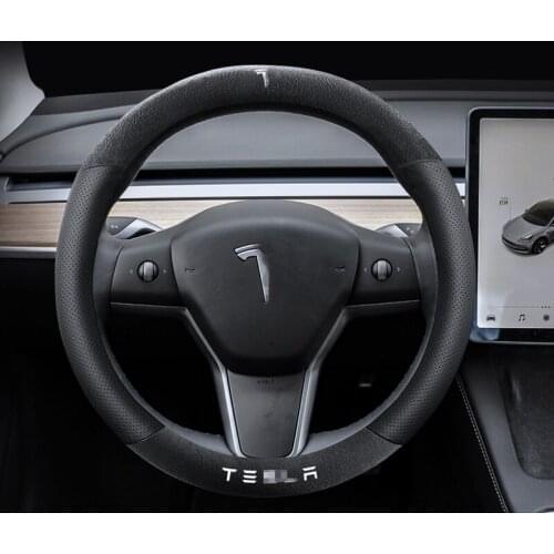 Perforated Black Leather Turn Fur Car Steering Wheel Cover For Tesla Model 3 2017 2018 2019 2020 2021 Car Accessories