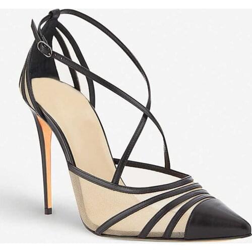 MKKHOU Fashion Leather Sandal Woman 2020 new summer pointy lace mesh breathable 10/12cm super high heel single shoe woman