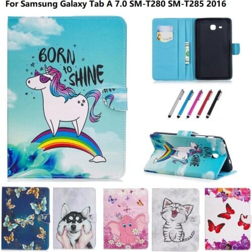 Fashion Tablet Case Cat Unicorn Puppy Pattern Funda Coque For Samsung Galaxy Tab A 6 2016 7'' SM-T280 SM-T285 Wallet Cover + Pen
