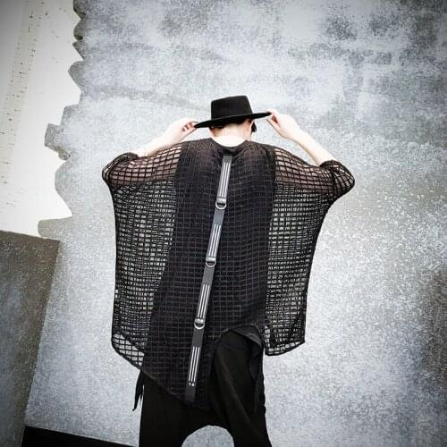 Mens Trendy Sexy Round Collar Short Sleeve Hollow Out T-shirt Punk Black Tops Irregular