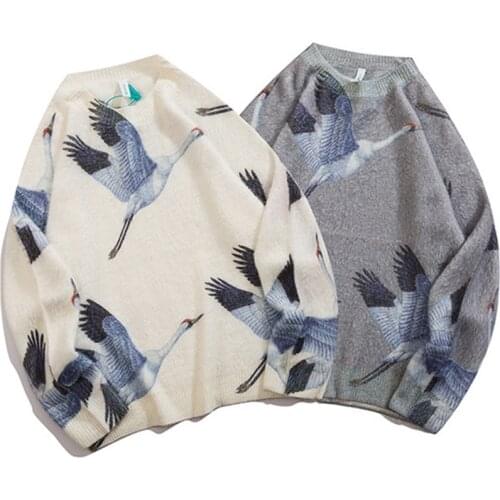 ERIDANUS Mens Sweater New Autumn Teenager Crane Print Pattern Couple Trend Hedging All-match Knit Vintage Sweater Male WZM001