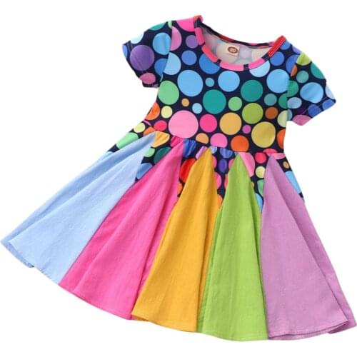 Toddler Baby Clothes Girls Dresses Casual Short Sleeve Dress Fashion Rainbow Polka Dot Stitching A-line Mid-length Summer Dress