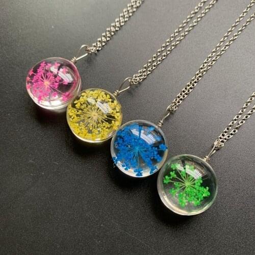 Natural Dried Flower Specimen Necklace Gypsophila Crystal Glass Ball Pendant Necklace Long Chain Jewelry