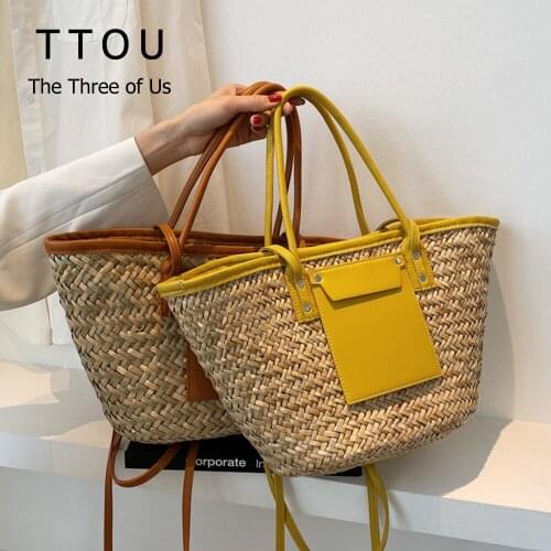 Handmade Woven Straw Bucket Shoulder Bags For Women Designer Rattan Knitting Crossbody Bags Female Summer Travel Handbag Totes