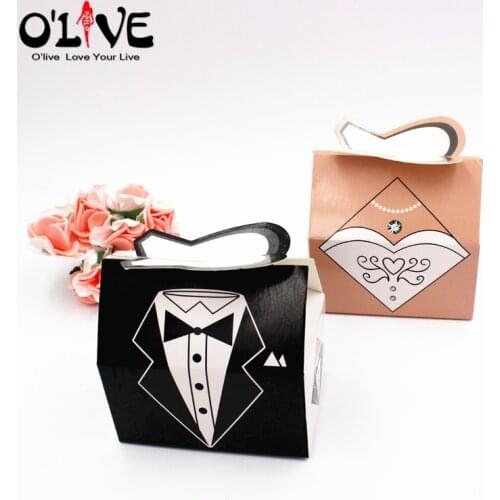 50 Pairs Bride Groom Gift Box Candy Packaging Party Favors Bonbonniere Dresses Wedding Box Present Chocolate Sugar Dropshipping