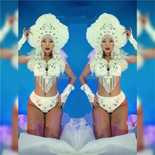 Catwalk Show Bikini Dance Suit With Pearl Headwear Stage Performance Sexy Lady Bra Ballroom Bodysuit Christmas DS Singer Clothes