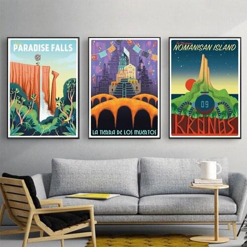 Pixar Vacation Travel Poster Print Cartoon Landscape Canvas Painting Castle Waterfall Wall Art Picture Modern Living Room Decor