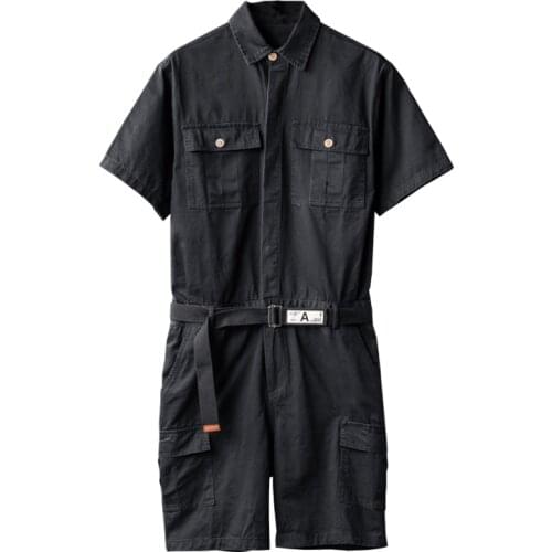 Retro jumpsuit mens tooling casual shorts one-piece black short-sleeved suit