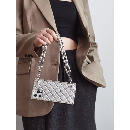 Luxury Metal Square Plaid Lambskin Bracelet Hand Chain Case For iPhone 12 11 Pro XS Max X XR 7 8 Plus Fashion Cool Soft Cover