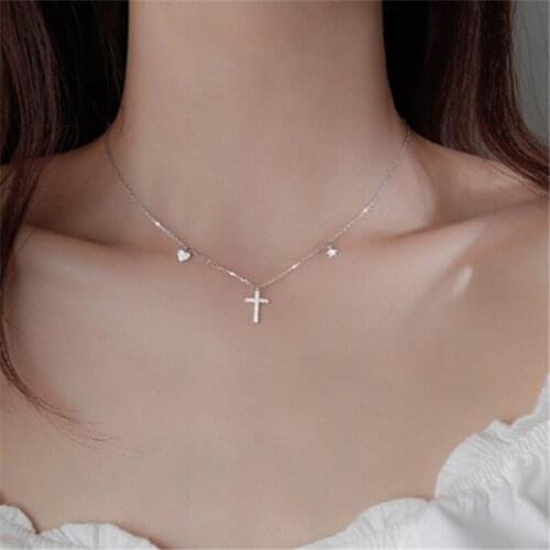 925 Sterling Silver Clavicle Chain Cross Heart Charm Pendant Choker Necklace For Women Girls Statement Jewelry dz875