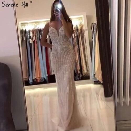 Serene Hill Dubai Champagne Sleeveless Mermaid Sexy Evening Dress 2020 Beading Sequins Backless Formal Party Gown DLA70400