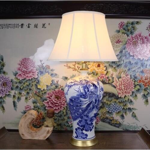 Blue and white Art Chinese porcelain ceramic table lamp bedroom living room wedding table lamp Jingdezhen ceramic bird lamp